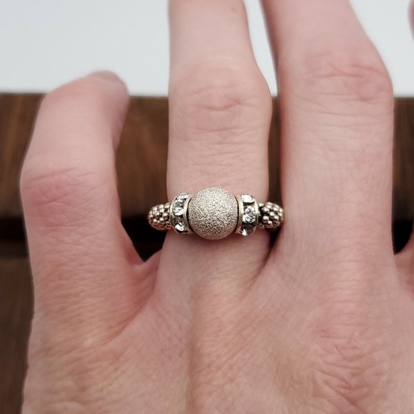 Size 5 925 Sterling Silver Textured Orb And Crystal Stretchy Ring - Picture 1 of 7